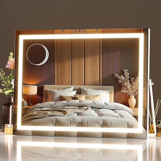 MINISO Vanity Mirror with Lights, 13.8" x 11" LED Makeu Mirror, Light & Brightness Adjustment, Smart Sensor, 360°Rotation, Aluminum Alloy Metal White Frame, with 5X Magnifying Glass