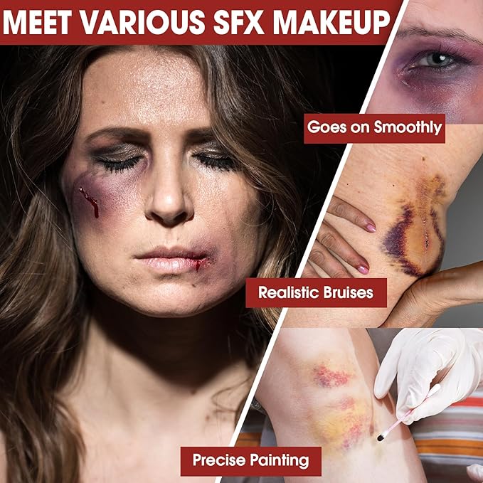 6 Colors Halloween Face & Body Paint + 6pc Sponge + 3pc Brush, Yellow, Purple, Red, Green, Bruise Wheel for SFX, Face Paint, Body Paint Kit for Zombie, Clown, Joker, Alien, Witch Makeup