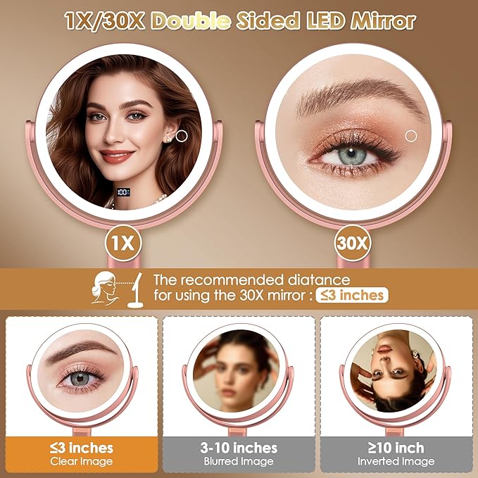 MIYADIVA Makeup Mirror with Lights, 30X/1X Magnifying Mirror with Digital Display, Height Adjustable Tabletop Mirrors, Detachable for Travel, Vanity Mirrors with Phone Holders, Rose Gold