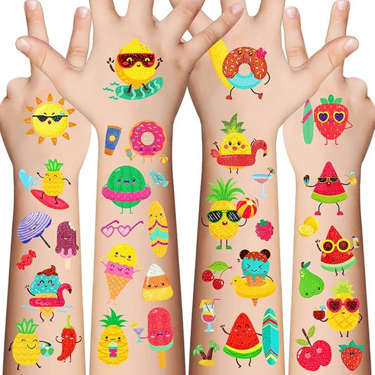 120 Pcs Fruit Vegetables Temporary Tattoos for Kids- 10 Sheet Glitter styles Fake Tattoo Stickers，Apples Bananas Pears Face Makeup Tattoos for Girls and Boys，Holiday Party Favors Supplies Accessories