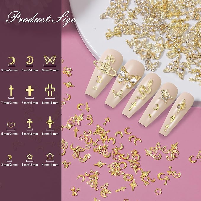 Artdone Nail Art Studs Kit, 3D Gold Cross Nail Charms and Diamond Butterfly Gems Bulk Nail Jewels Shiny Star and Moon for DIY Professional Manicures Decoration