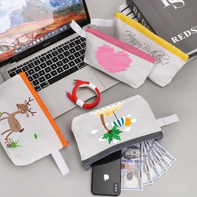 10 Pieces Cotton Canvas Makeup Bag with Bottom and Strap, Multi-Purpose Cosmetic Bag with Zipper Travel Toiletry Pouch, Blank DIY Craft Bag (Multicolor 01, S)