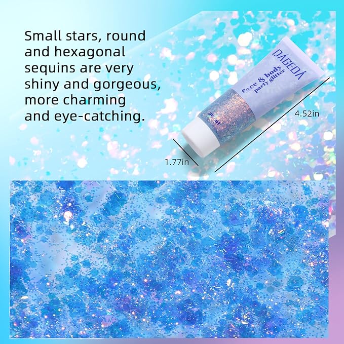 DAGEDA Body Glitter Gel, Face Glitters Body Gel Sequins Shimmer Liquid Eyeshadow, Chunky Glitter for Face Hair Nails, Holographic Cosmetic Laser Powder Festival Glitter Makeup 1.7oz (Mermaid)