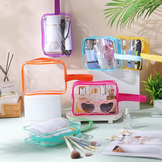 Silkfly Clear Toiletry Bag PVC Travel Cosmetic Bag with Handle Strap Makeup Pouch with Zipper Summer Vacation Salon Graduation Gift End of the Year Gifts(Vibrant Color,24 Pack)