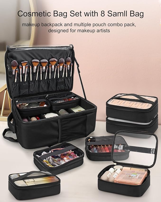 Makeup Backpack Professional Cosmetic Artist Bag Extra Large Travel Train Case Storage Organizer Double-Layer Cosmetic Case with 8 Pouch &Adjustable Divider (Black)