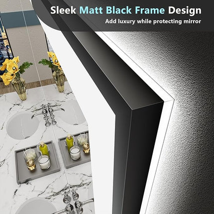 40x30 Black Framed LED Bathroom Mirror with Lights, Backlit + Front Lit, Anti-Fog Lighted Vanity Mirror for Bathroom Wall with 3 Colors, Dimmable, Memory, Tempered Glass, Horizontal/Vertical