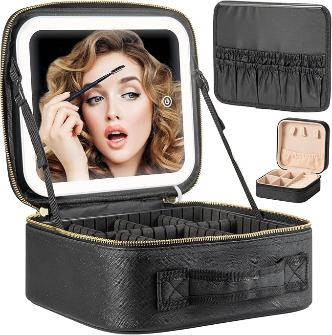 Makeup Travel Train Case with Mirror LED Light 3 Adjustable Brightness Large Cosmetic Bag Portable Storage Adjustable Partition Waterproof Makeup Brushes Make up Jewelry Gift for Women