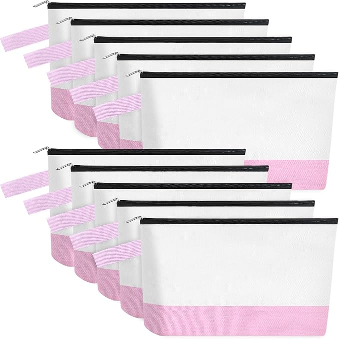 10 Pieces Cotton Canvas Makeup Bag with Bottom and Strap, Multi-Purpose Cosmetic Bag with Zipper Travel Toiletry Pouch, Blank DIY Craft Bag (White&Pink, M)