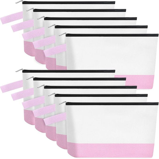 10 Pieces Cotton Canvas Makeup Bag with Bottom and Strap, Multi-Purpose Cosmetic Bag with Zipper Travel Toiletry Pouch, Blank DIY Craft Bag (White&Pink, M)