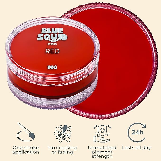 Blue Squid PRO Face Paint - Professional Water Based Single Cake Facepaint & Body Paints - SFX Makeup, Kids Adults Face Painting for Costume, Halloween, Cosplay - Classic Red 90g / 3oz