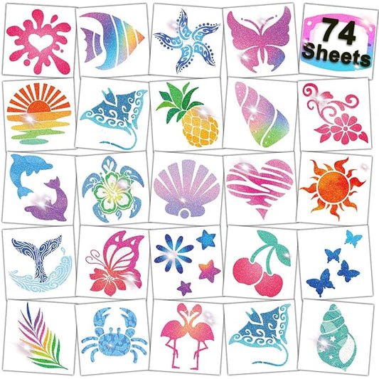 Glitter Temporary Tattoos for Aloha Party Decoration - 74 Individually Sheets Glitter Summer Tattoos for Kids Women Hawaiian Party Favors