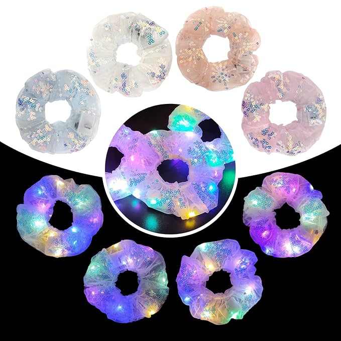 4 Pcs Halloween Light Up Hair Accessories for Girls Women, Sparkly Sequins Hair Scrunchies, LED Hair Tie for Movie Night Supplies, Glow in The Dark Scrunchies for Rave Neon Slumber Party