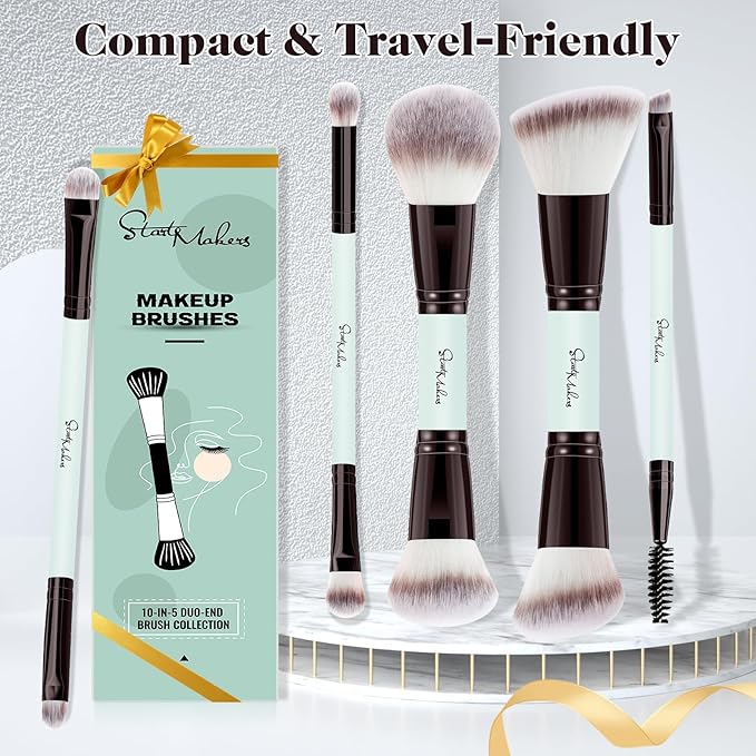 START MAKERS Makeup Brush Set 5Pcs, Dual-Ended Foundation Contour Concealer Blush Powder Bronzer Eyeshadow Brushes for Liquid, Cream, Powder, Blending, Buffing, Stippling Face Make up Tools
