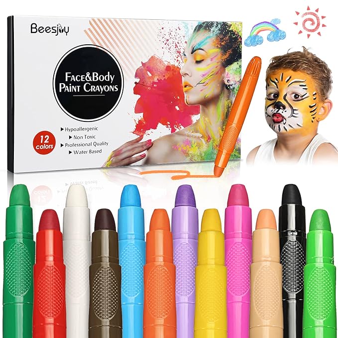 Beesjuy Face Painting Kits for Kids,12 Color Water Based Face Paint Kit, Washable Kids Body Paint for Makeup, for Birthday, Halloween, Thanksgiving Day, Cosplay Makeup, Gifts for Kids/Children