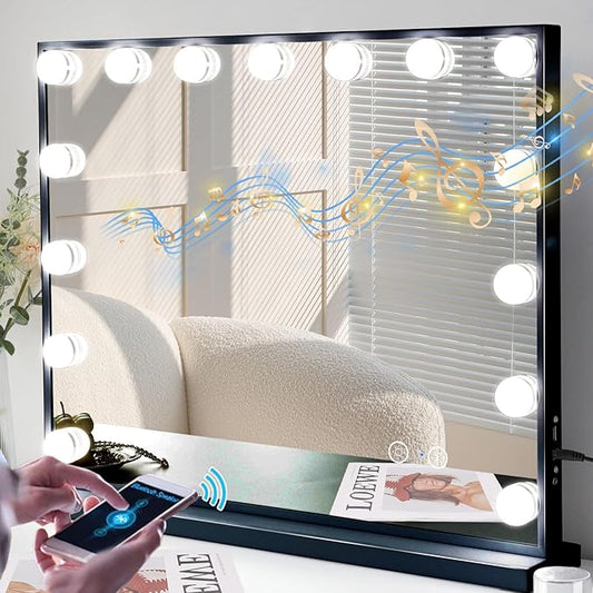 Fenair Vanity Mirror with Lights 22.8"x 18.1" Makeup Mirror with Lights and Speaker 15 Dimmable Bulbs,3 Colors Modes,Hollywood Mirror with USB Charging and 10X Detachable Magnification Mirror（Black）