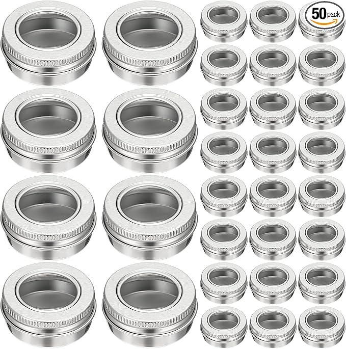 Zubebe 50 Pcs Aluminum Tin Jar Refillable Containers Clear Top Screw Lid Round Tin Container Bottle for Cosmetic, Cream, Diamond Painting, Salves, Balms, Lip Balm, Spices or Others, Silver (1 oz)