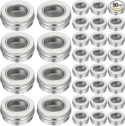 Zubebe 50 Pcs Aluminum Tin Jar Refillable Containers Clear Top Screw Lid Round Tin Container Bottle for Cosmetic, Cream, Diamond Painting, Salves, Balms, Lip Balm, Spices or Others, Silver (1 oz)
