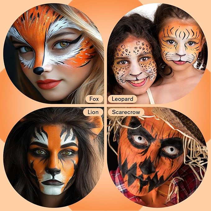 White Foundation + Black Orange Face Body Paint with Brushes for Halloween Pumpkin Clown Makeup, Non Toxic Face Painting Kit Facepaints Set for Kids Adults Party Scarecrow Tiger SFX Cosplay Make Up