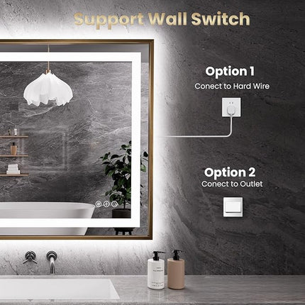 Amorho 40"X36" LED Bathroom Mirror, Gold Metal Framed Mirror with Front Light and Backlit, Stepless Dimmable, Anti-Fog, Shatter-Proof, Memory, 3 Colors