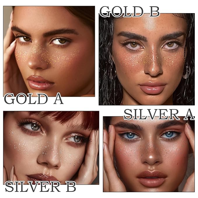 Face Glitter Freckles Tattoo, Glitter Face Makeup Patches, Body Glitter Sparkle Freckles Stickers for Women Kid, Festival Concert Carnival Party Halloween Decor Accessories, 24PCS Gold Silver