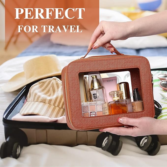 Pinkmik Clear Makeup Bag for Women Waterproof Travel Cosmetics and Toiletries Case Portable Makeup Oaganizer Bag Clear Car Bag with Zipper (X/Brown, M+L)
