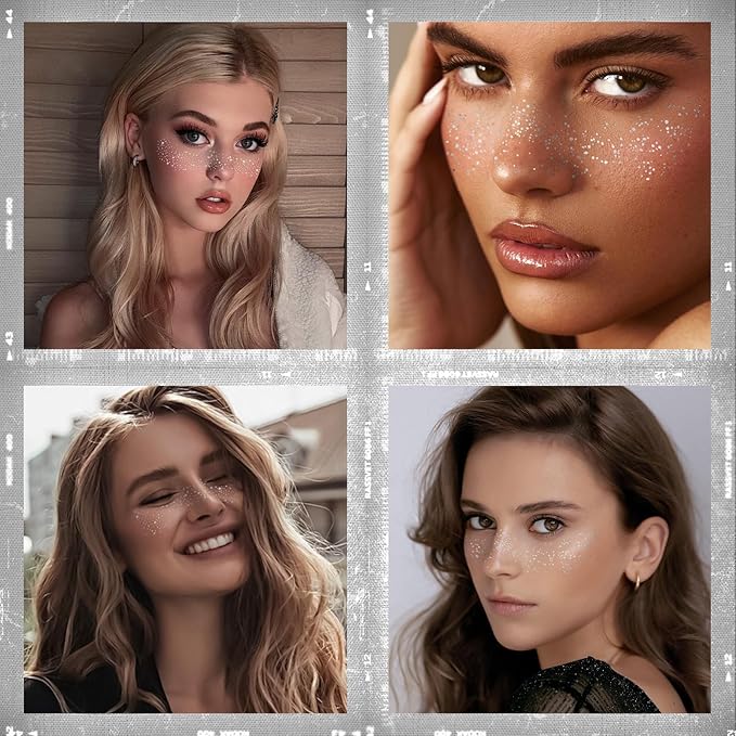 24PCS Face Makeup Patches, Silver Glitter Freckles Face Tattoo, Glitter Freckles, Sparkle Makeup Patches, Waterproof Face Glitter Speckles Patches for Women