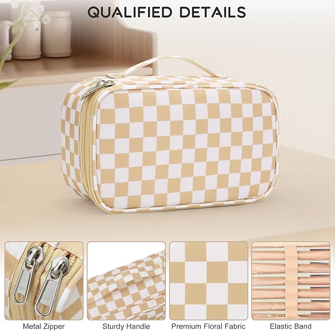 Relavel Travel Makeup Bag with Brush Holder, Dual-Layer Small Cosmetic Organizer, Portable Toiletry Bag for Accessories Storage, Cute Make Up Bag for Gift, Trip, Camp, Daily Use - Plaid
