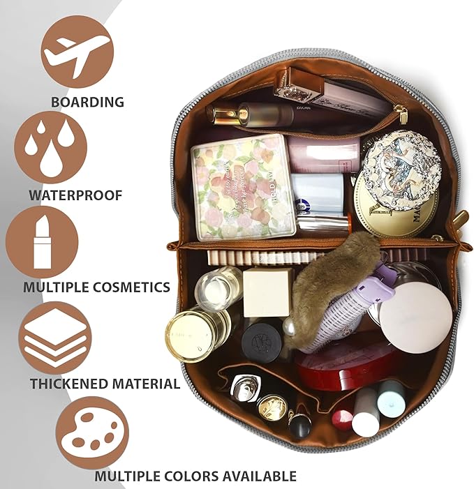 Makeup Bag for Women Travel Cosmetic Bag Toiletry Oraganizer Case Bag Travel Essentials Portable Pouch with Waterproof Large Capacity PU Leather Lining