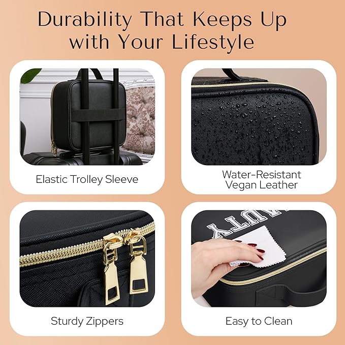 Makeup Bag with LED Mirror – Travel Cosmetic Organizer with Lighted Mirror, Adjustable Dividers & Brush Holder Storage – Portable PU Leather Makeup Case for Women & Girls - Black