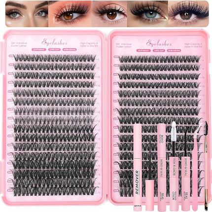 Lash Clusters Kit, 640 Pcs Eyelashes Clusters Extensions Kit 9-16mm Individual Lashes D Curl Fluffy Wispy False Eyelashes Thin Band, with Bond Seal Remover Tweezers Brush DIY (50D+60D Kit 9-16mm)