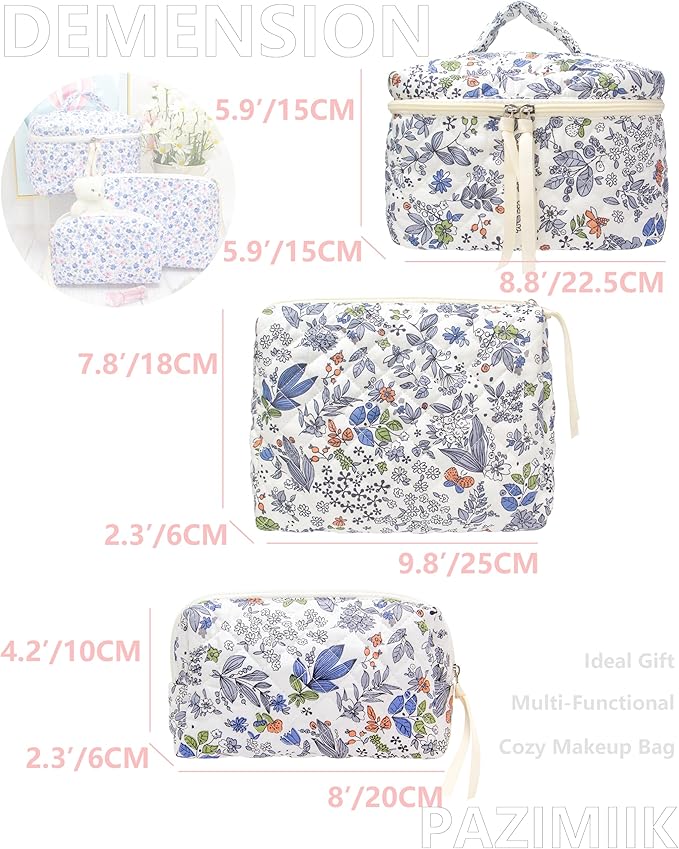PAZIMIIK 3PCS Makeup Bag SET Large Travel Quilted Zipper Soft Cosmetic Case Pouch for Women Girls Make Up,Leaf White