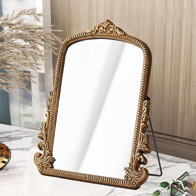 Small Gold Vintage Vanity Mirror, Antique Gold Wooden Framed Standing Tabletop Mirror, Traditional Chic Arch Makeup Mirror for Living Room, Bedroom, Bathroom, or Office Decor, 11.8" x 9.6"