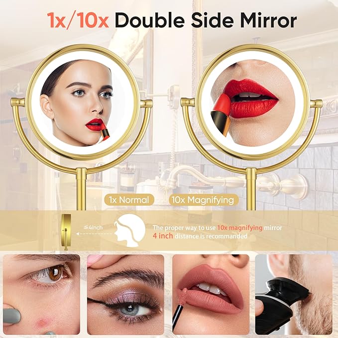 GURUN 8.5 Inch Rechargeable LED Lighted Tabletop Makeup Mirror with 10x Magnification Dimmable 3 Colors Touch Control 4500mAh Double Sided Gold Finish 2208D-T(10x, Gold)