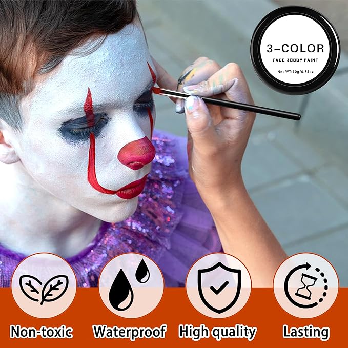 EBaokuup 3 Set Black White Red Face body Paint,3 Colors Clown Makeup Kit with Sponge and Brush,Joker Face Body Paint for Halloween Cosplay,Special Effect Makeup and Costume-Themed Party