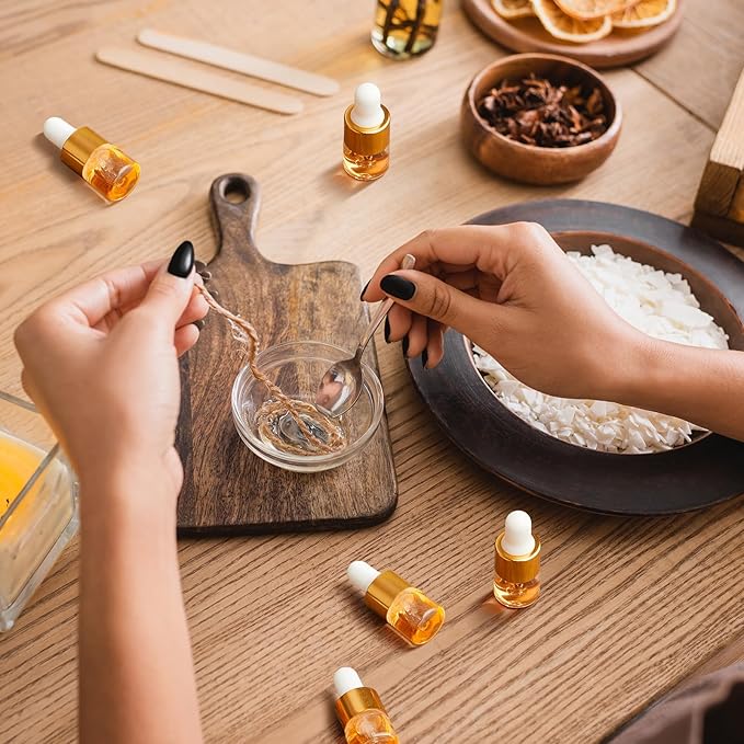 12 Pcs Mini Glass Oil Dropper Bottle Bulk, Clear Essential Small Empty Bottles Sample Containers Perfume Liquid Vials with Cap for Traveling (1 ml,Gold)