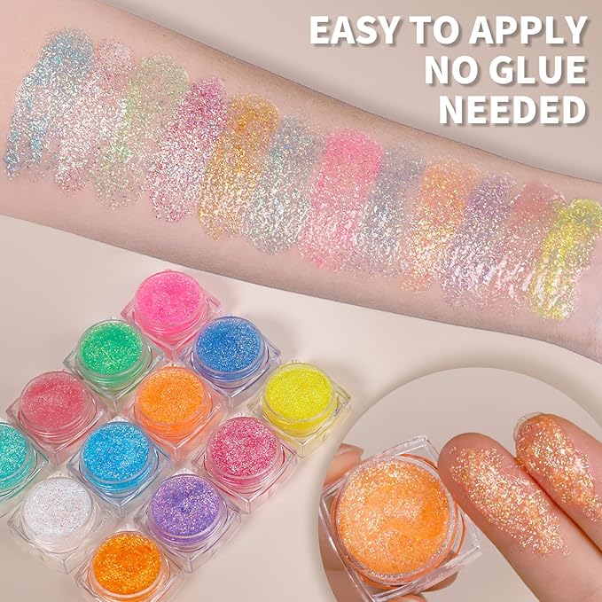 Teenitor 12 Colors Fine Glitter Body Glitter Gel, Glow in The Dark Glitter Gel, Glow in The Dark Face Paint, Face Sparkles for UV Black Light Raves Concerts Festivals