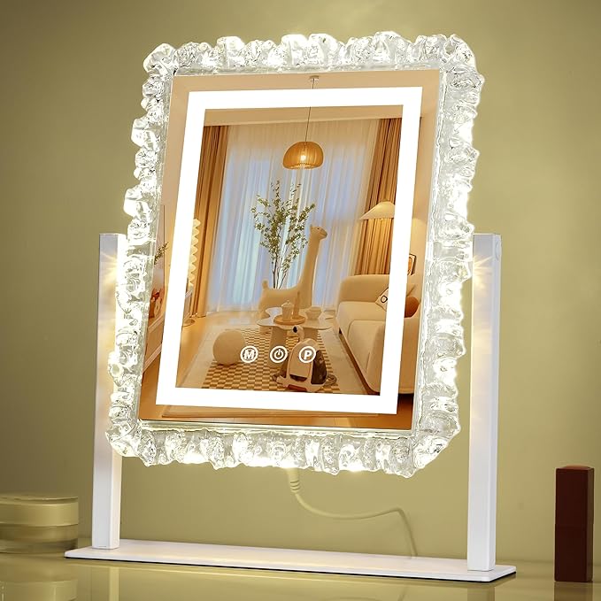 Lighted led Makeup Mirror Hollywood Mirror Vanity Makeup Mirror with Lights Smart Touch Control 3-Gear Dimable Light 360°Rotation (12in. White)