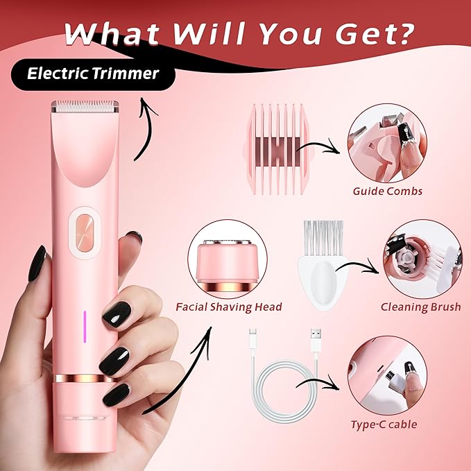2-in-1 Women’s Electric Razor & Bikini Trimmer - Painless Pubic Hair Shaver, IPX7 Waterproof Wet/Dry Use for Bikini Area, Legs, Face, Underarms (Pink)