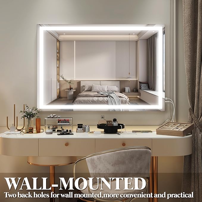 FENNIO Large Vanity Mirror with Lights，35.5" x 27" LED Makeup Mirror，Hollywood Mirror with 3 Color Modes & Adjustable Brightness，Vanity Mirror Square White