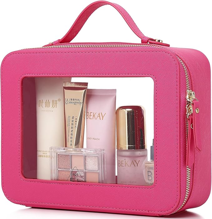 Pinkmik Clear Makeup Bag Waterproof Travel Case for Cosmetics and Toiletries Women's Makeup Organizer and Car Bag with Zipper (X/Fuxia, L)
