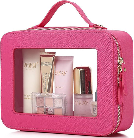 Pinkmik Clear Makeup Bag Waterproof Travel Case for Cosmetics and Toiletries Women's Makeup Organizer and Car Bag with Zipper (X/Fuxia, L)