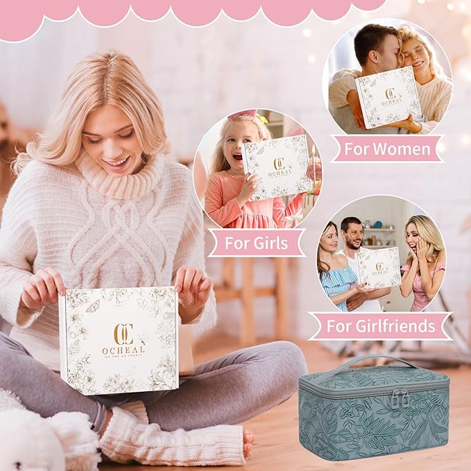 OCHEAL Makeup Bag,Travel Makeup Organizer Bag, Large Capacity Cosmetic Bags for Women Large Travel Toiletry Bag for Girls Traveling With Brush Slot And Divider-Blue Floral