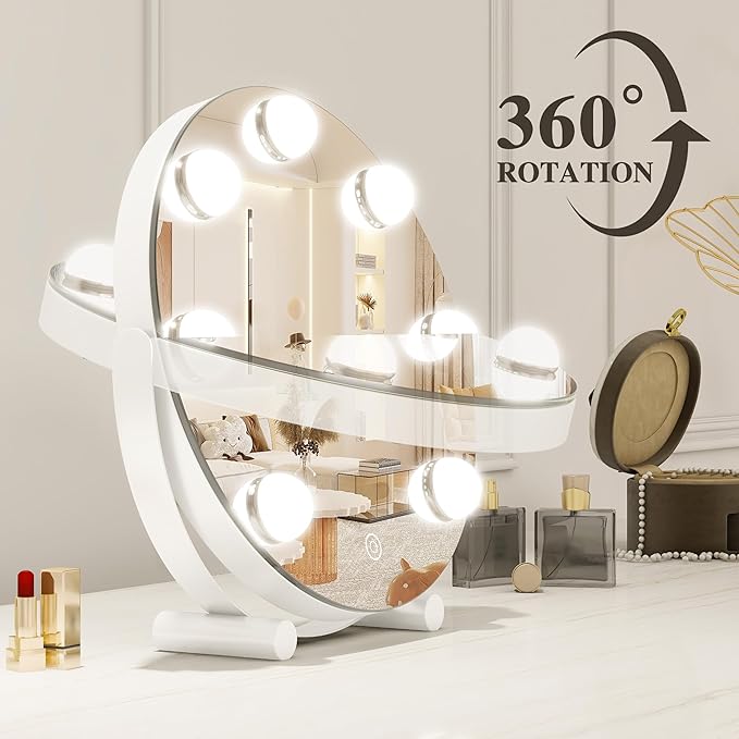 Vanity Mirror with Lights, 12 Inch Hollywood Mirror with Lights for Makeup Desk, LED Makeup Mirror with 7 Dimmable Bulbs for Bedroom Tabletop, Smart Touch Dimmable 3 Modes, 360° Rotation