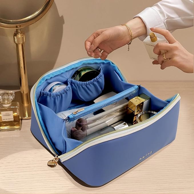 Prite Makeup Bag for Women Travel Waterproof Vegan Leather Cosmetic Bag Open Flat Toiletry Bag With Clear Divider and Handle (Blue)