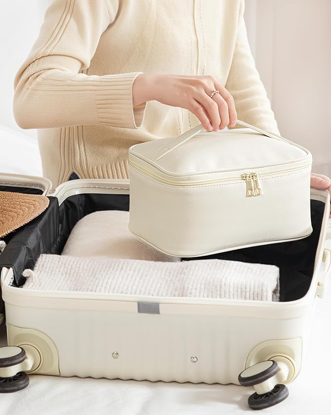 Makeup Bag for Women, Large Travel Makeup Bag Organizer, Portable Toiletry Bag, Cute Makeup Bags Waterproof Leather Cosmetic Bag Makeup Case with Removable Dividers, Beige