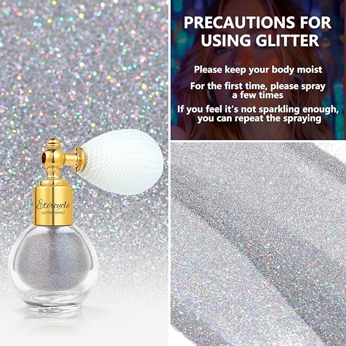 Etercycle Body Glitter Spray, Silver Hair Glitter Extra Fine Face Shimmer Powder, Long-Lasting and Quick-Drying Body Glitter Sparkly Glitter Gifts for Rave Clothes Nail Art Easter Halloween Crafts