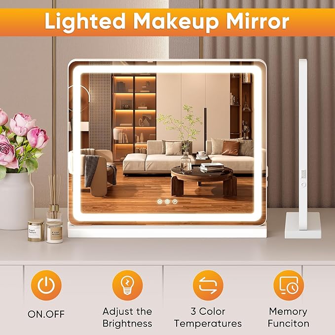 Sweetcrispy 19"x22" LED Vanity Mirror with Lights, Dimmable 3 Color Modes Makeup Mirror with Memory Function, USB Charging, Aluminum Frame, Lighted Mirror for Desk or Bedroom