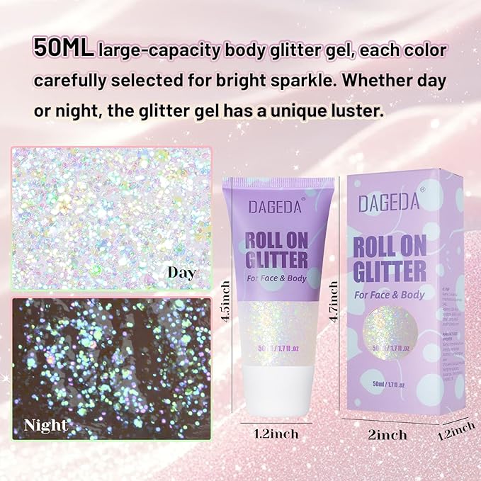 DAGEDA Roll-on Body Glitter,Holographic Eye Face Hair Glitter Gel for Festival Outfit Mermaid Accessories,Chameleon Color Body Shimmer Makeup Rave Outfits Accessories for Women 50ml(Dazzle)