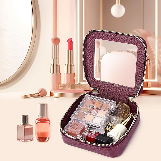 Pinkmik Small Makeup Bag Clear Mini Cosmetic Makeup Case & Toiletry Bag with Zipper Women's Purse Organizer & Car Essentials (X/Burgundy, MINI-1)