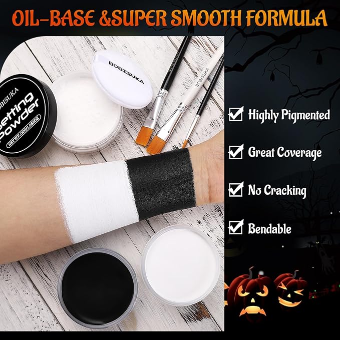 BOBISUKA Black & White Face Body Paint + Setting Powder + 3PCS Artist Brushes Face Painting Kit for Adult Large Capacity Professional Oil Based Cream Paints Palette For Halloween Clown Skeleton Vampir